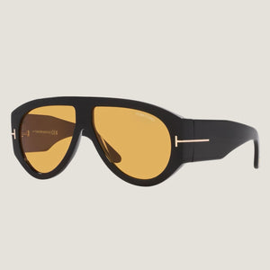 TOM FORD sunglasses, black plastic frame, UVA/UVB protection, adjustable nose pads, with brand packaging.