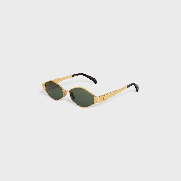 Image of Celine sunglasses with gold frame and green lenses on a light gray background.