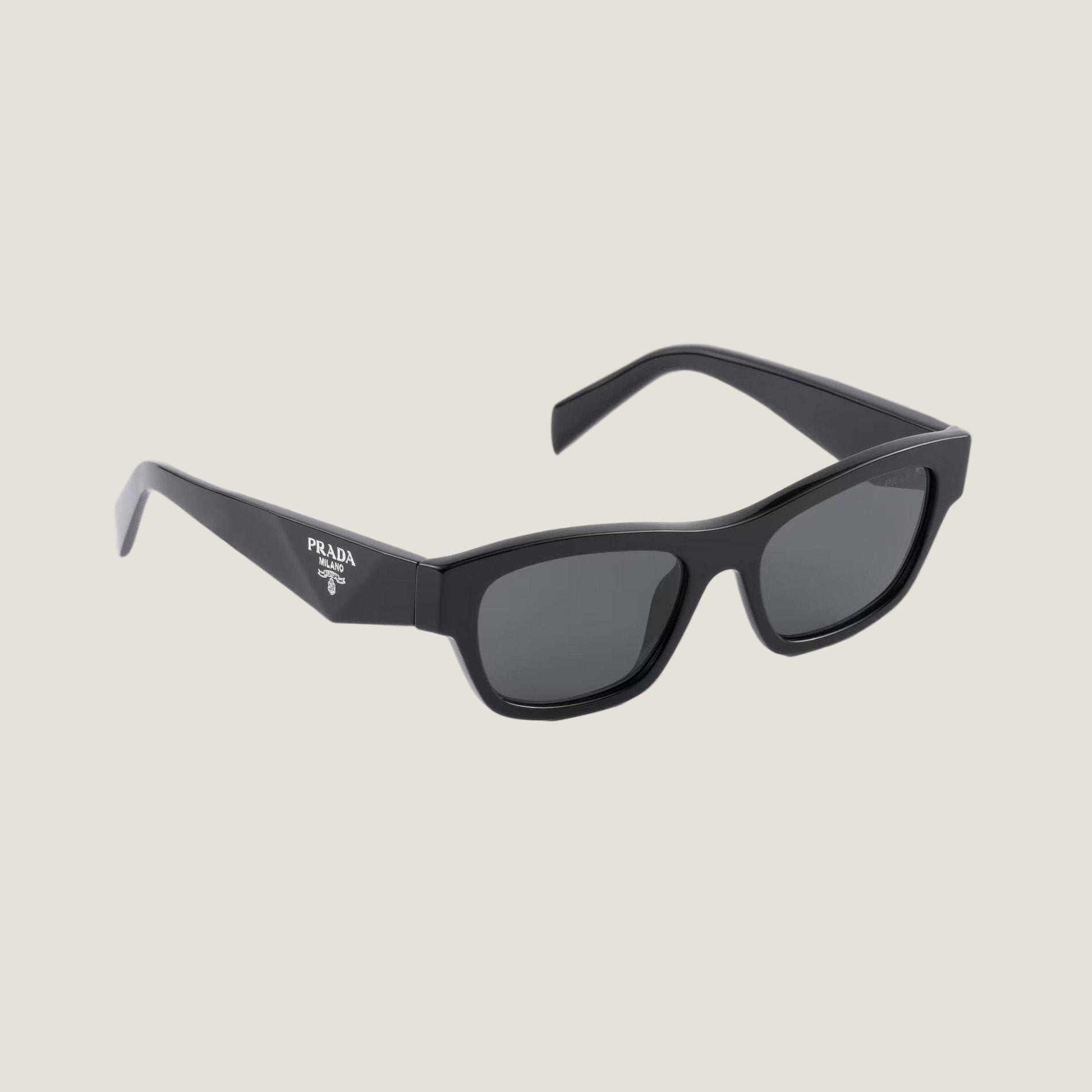 PRADA sunglasses with logo, sleek black frame, and UV400 lenses.