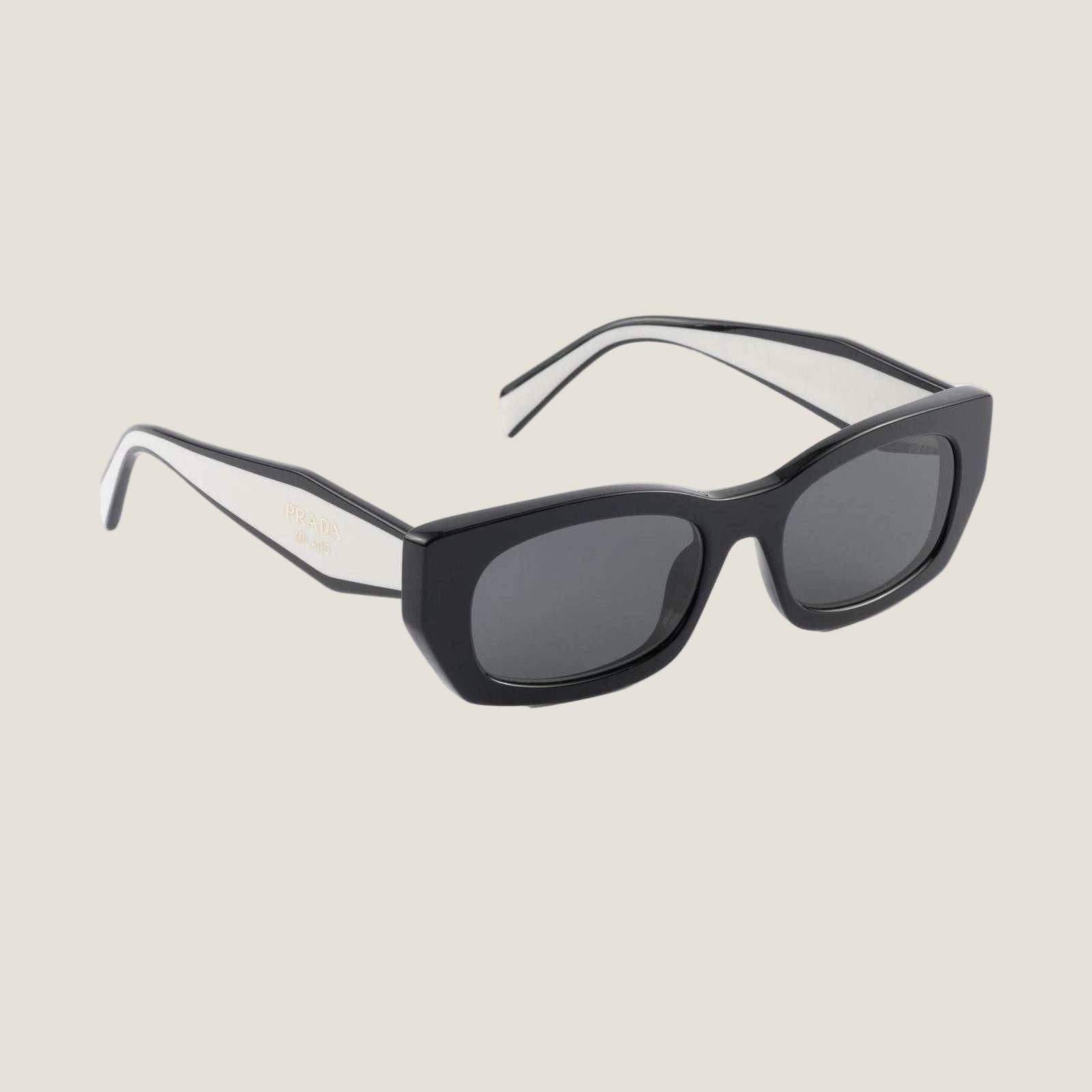 PRADA sunglasses with logo, sleek black geometric frames, UV400 lenses.