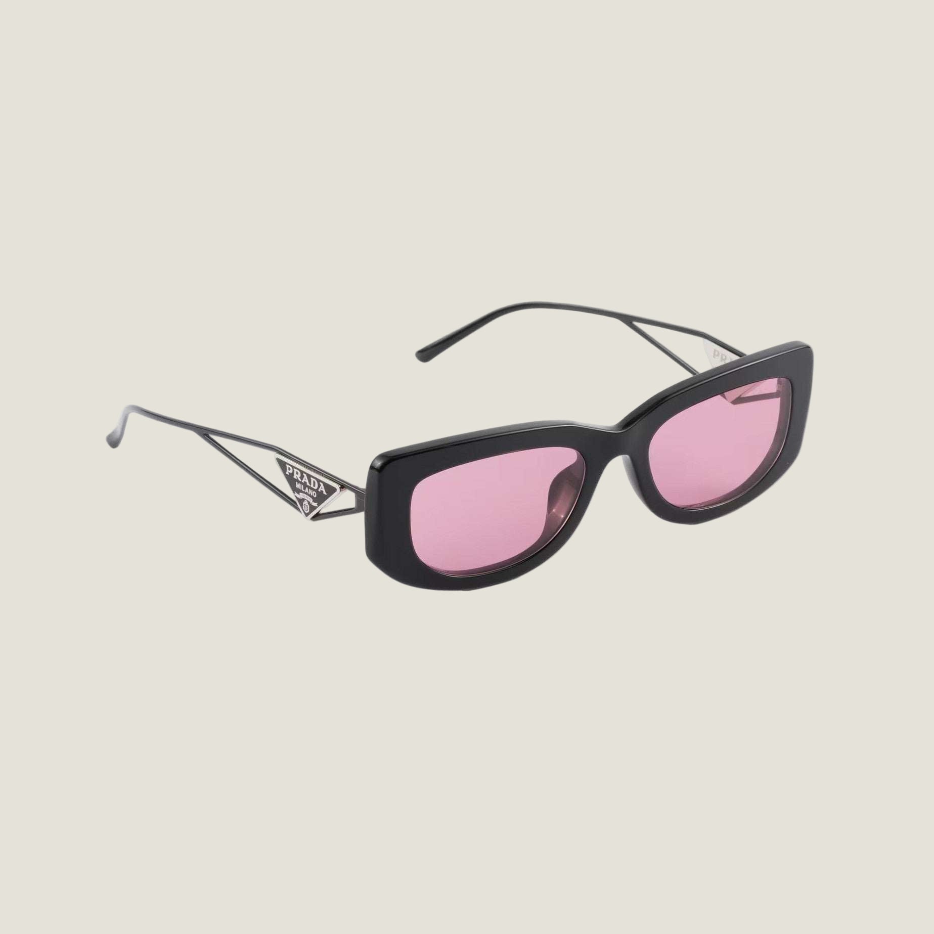 Image of PRADA sunglasses with logo, geometric black frames, and pink lenses.