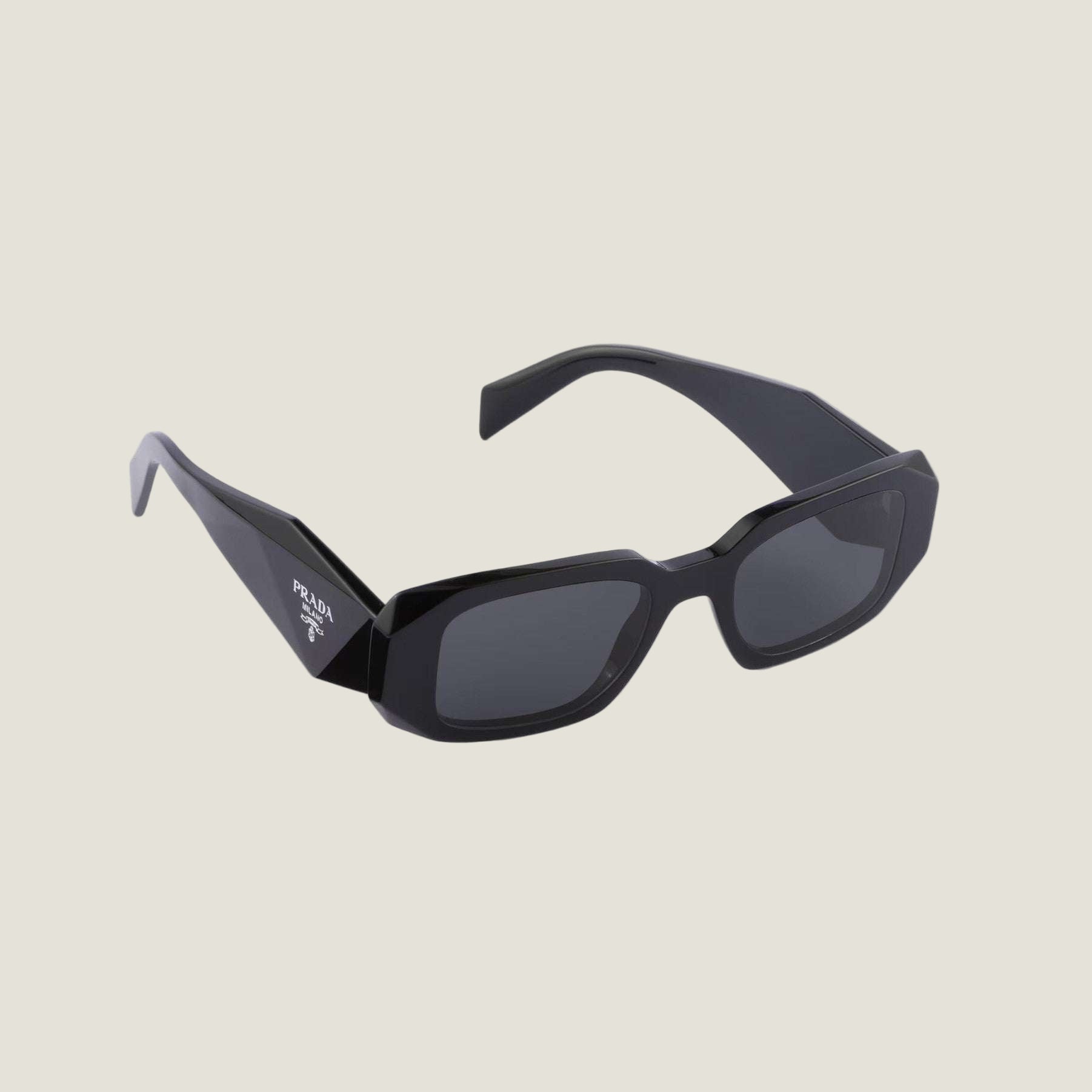 PRADA sunglasses with logo, geometric frames, black color.