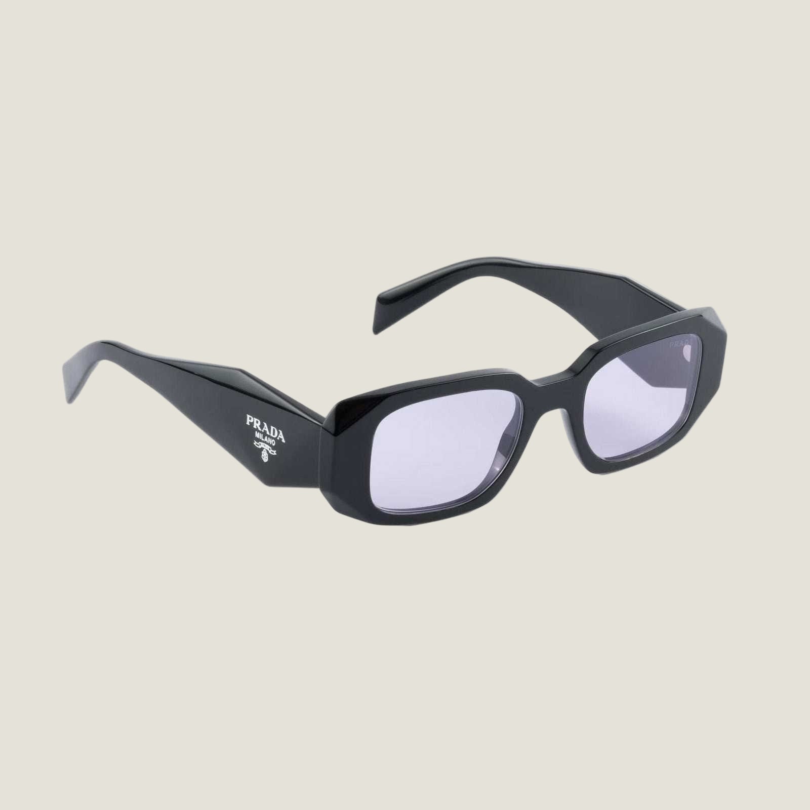Image of PRADA sunglasses with logo, geometric black frames, and UV400 lenses for a luxury look.