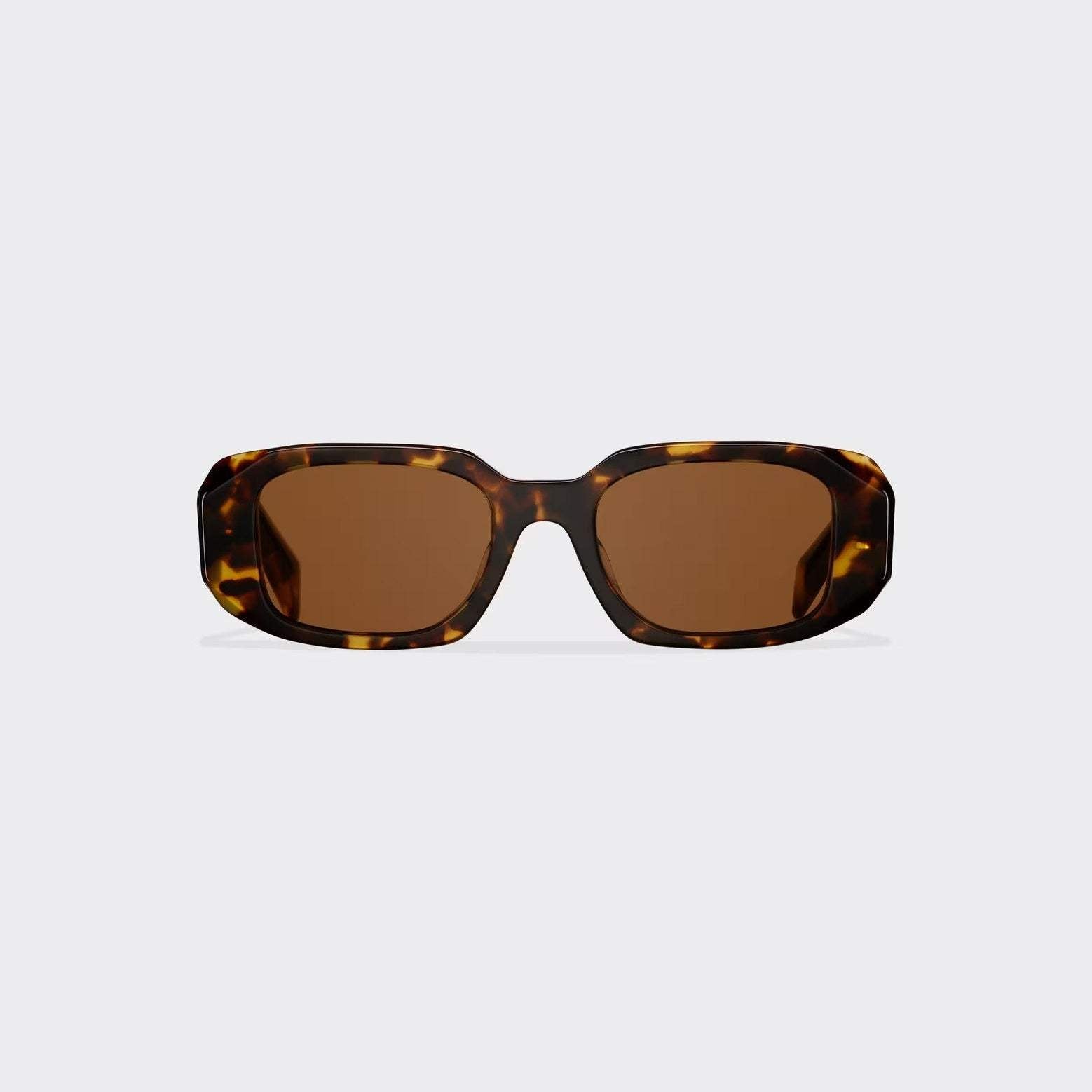 PRADA luxury logo sunglasses with geometric tortoiseshell frames.