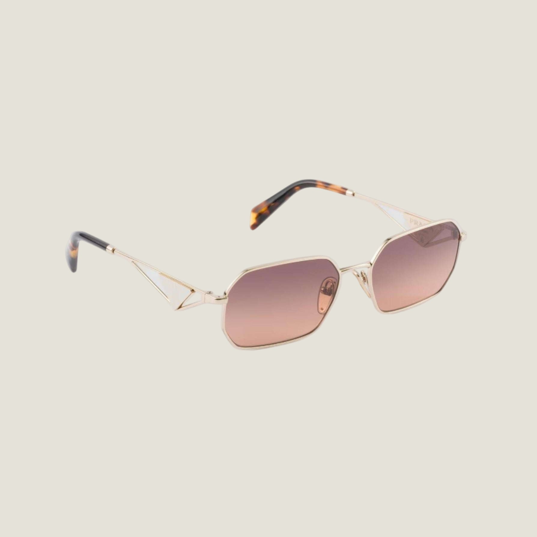 Image of Luxury Prada sunglasses with geometric frames and bold logo.
