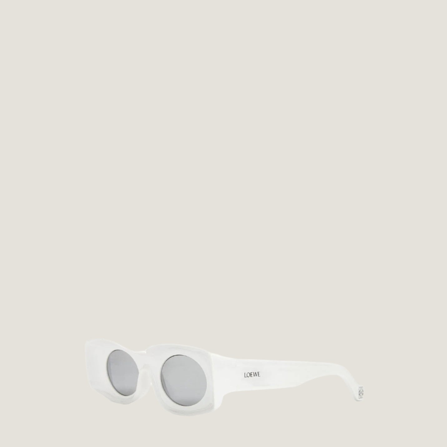 Image of LOEWE sunglasses with white geometric frames and UV400 protection lenses.