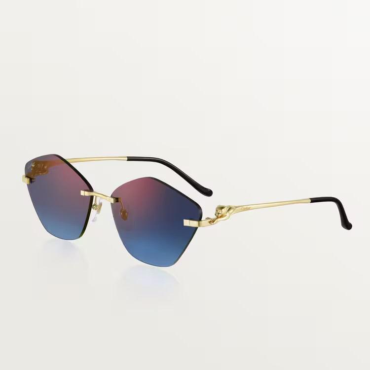 Image of Cartier luxury sunglasses with gold-plated frame and UV400 lenses.