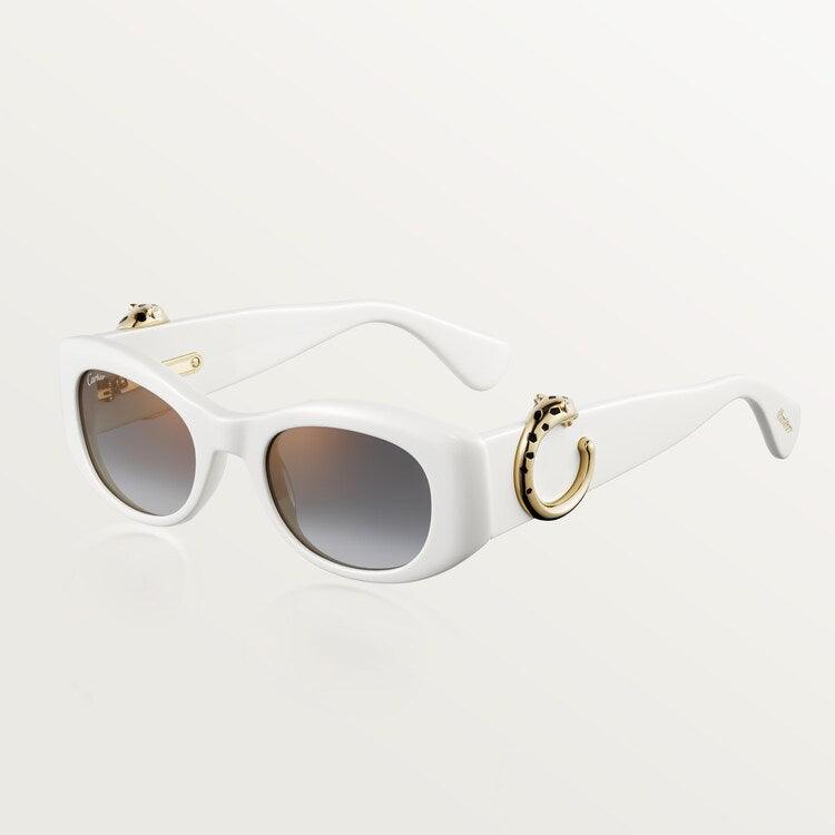 White Cartier replica sunglasses with plastic frame and adjustable nose pads, offering 100% UVA/UVB protection.