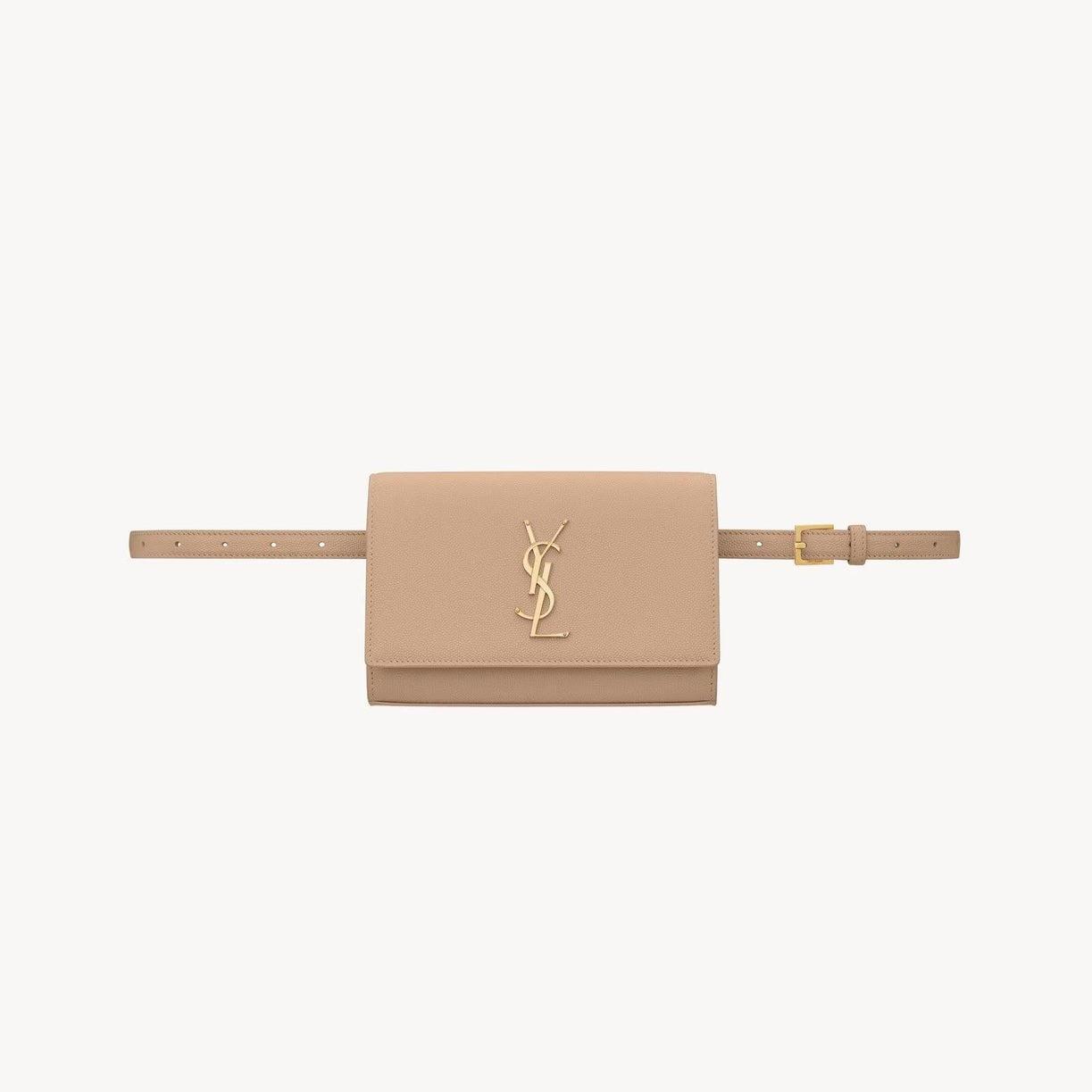 Image of Luxury beige leather bag belt with iconic SL logo and adjustable strap.