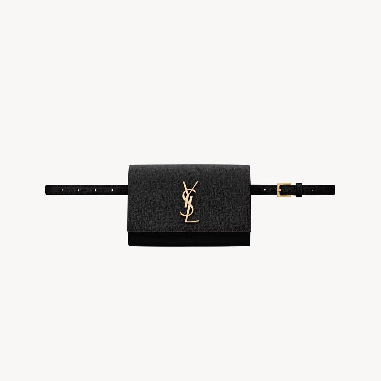 Image of Elegant black Saint Laurent bag belt with iconic SL logo and metallic buckle.