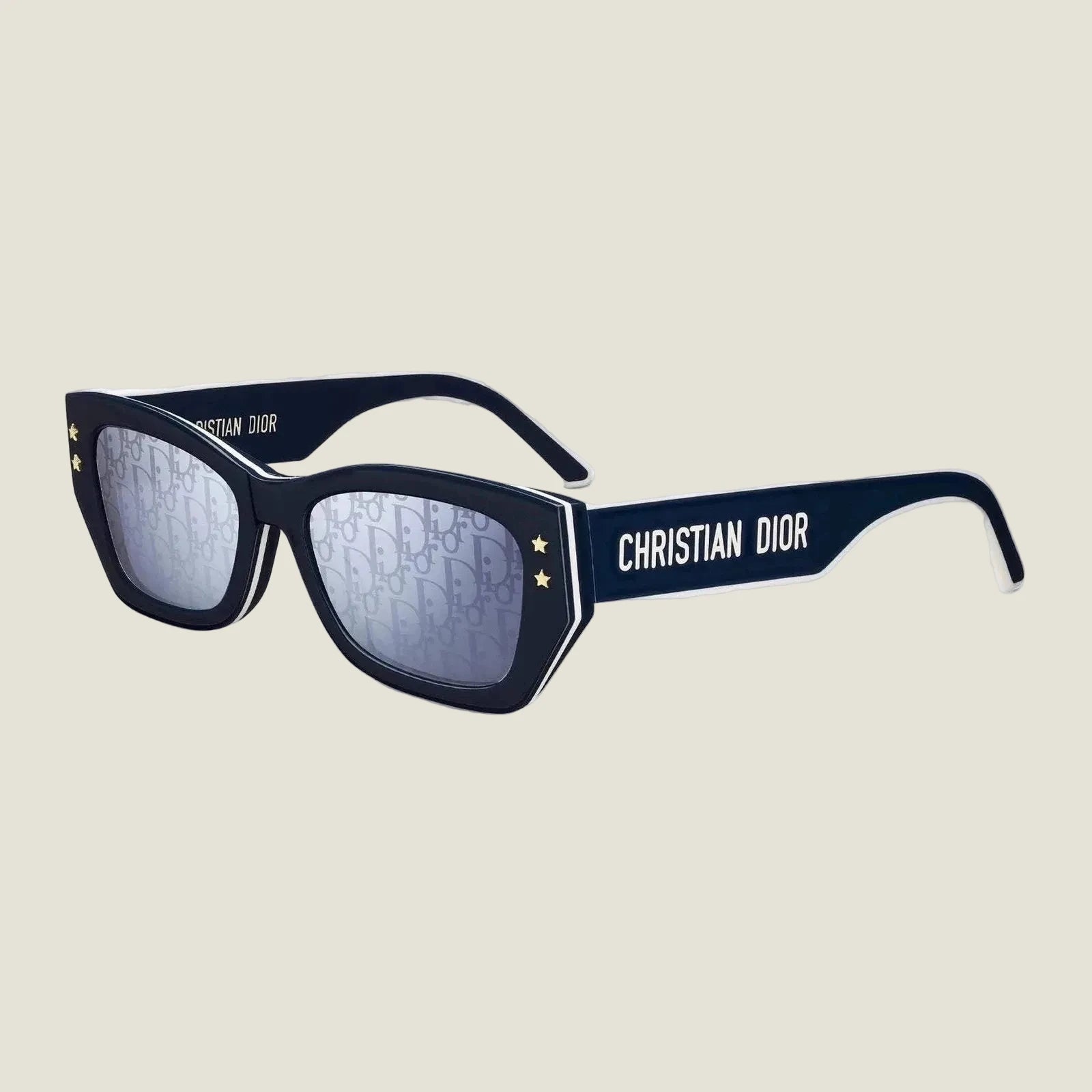 Image of DIOR sunglasses with geometric frames and Christian Dior branding, featuring high-quality UV400 lenses.