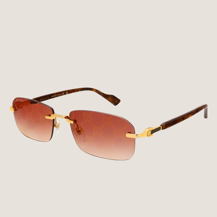 Image of GUCCI iconic luxury sunglasses with gold accents and brown lenses.