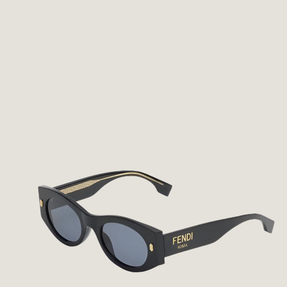 Image of Fendi luxury sunglasses with black frames and branding detail.