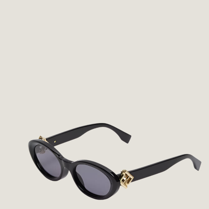 Image of Fendi luxury sunglasses with black frames and oval lenses.