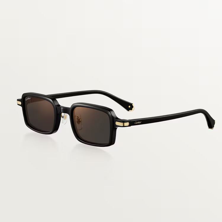 Image of Cartier white plastic sunglasses with adjustable nose pads, UVA/UVB protection, and brand packaging.