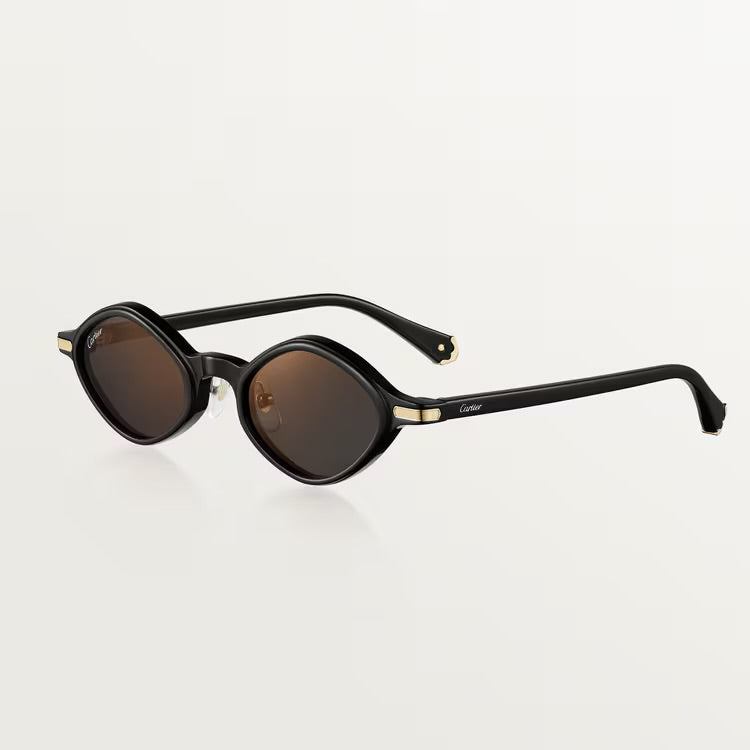 Image of Cartier black plastic sunglasses with UVA/UVB protection and adjustable nose pads.