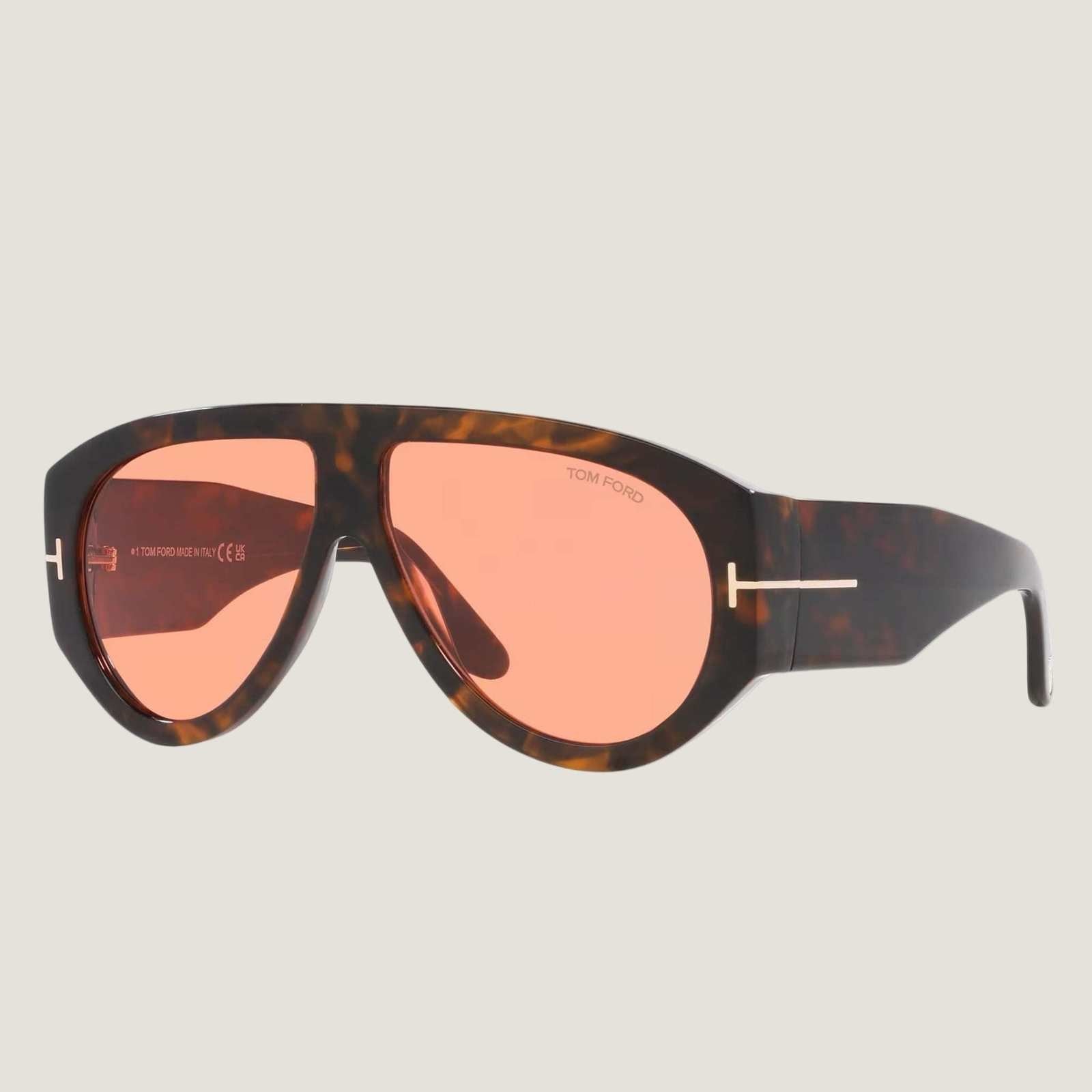 Image of TOM FORD sunglasses with tortoiseshell plastic frame and adjustable nose pads, offering 100% UVA/UVB protection.