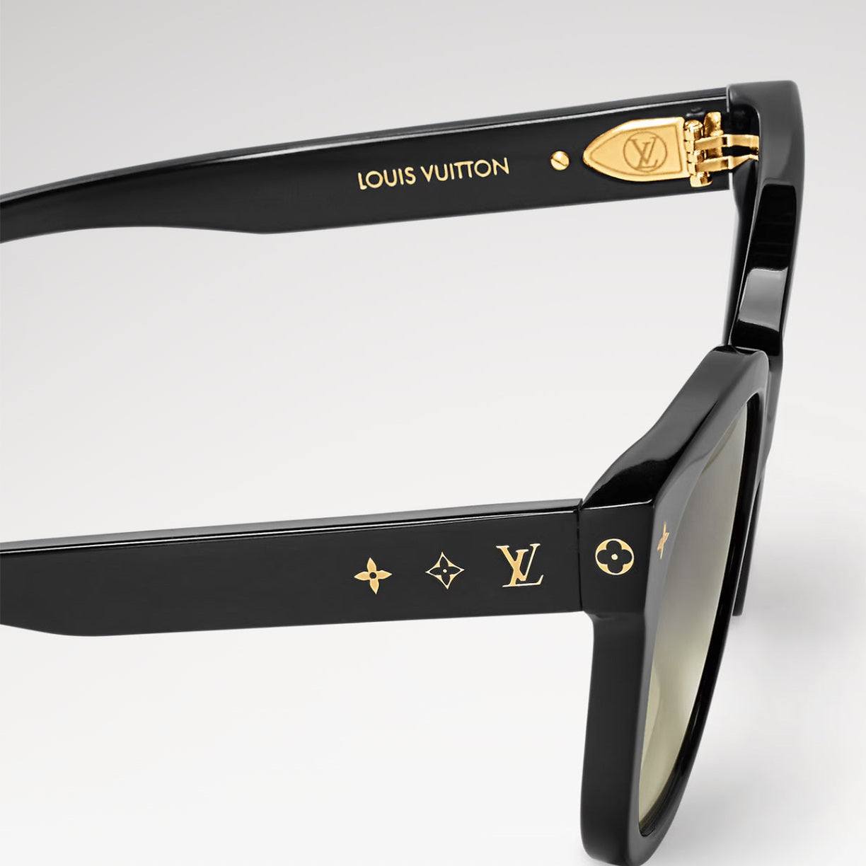 Image of Black plastic LV sunglasses with adjustable nose pads and UVA/UVB protection.