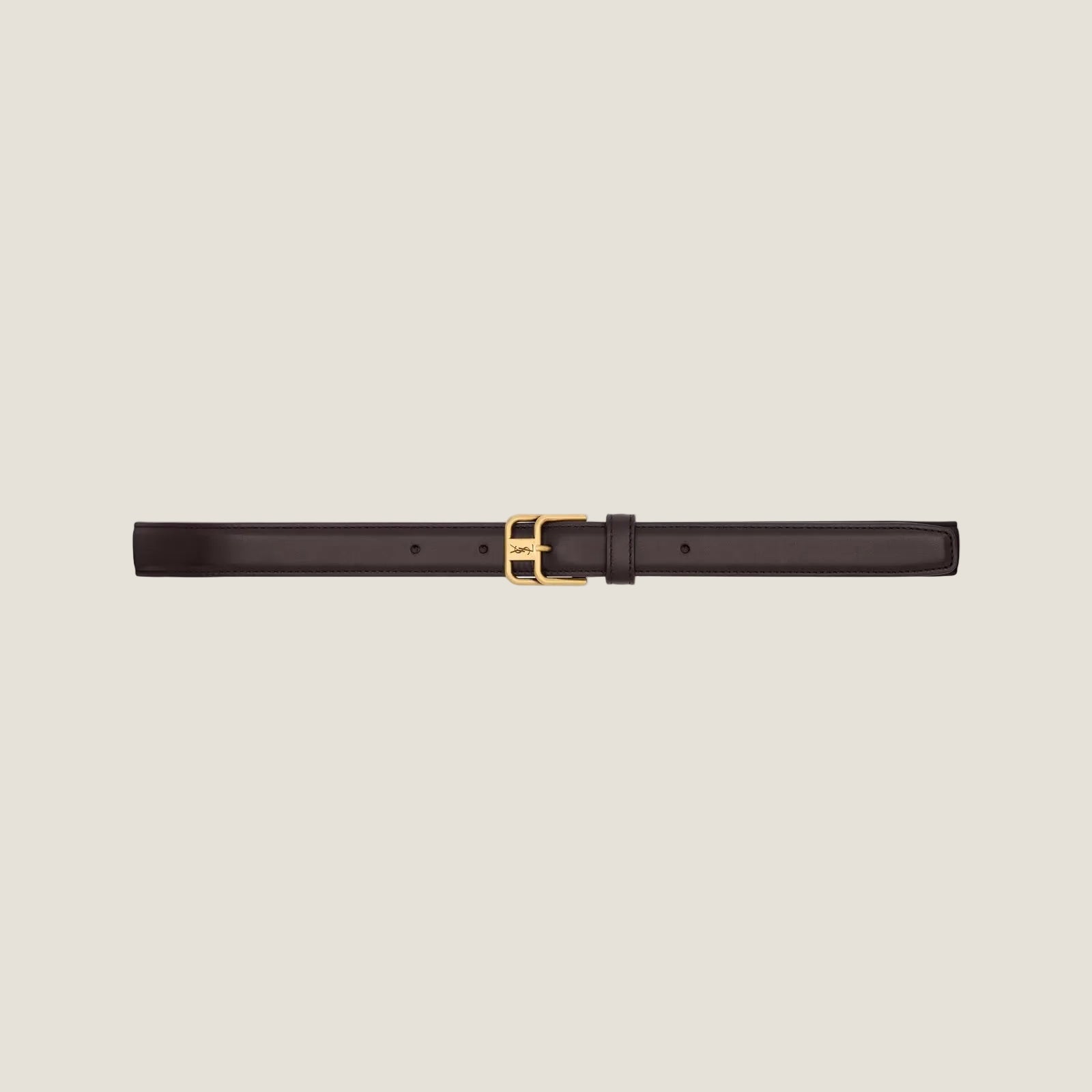 Image of חגורת CASSANDRE DOUBLE-BUCKLE בהשראת Saint Laurent בחום כהה עם אבזם זהוב – מבט פרוש