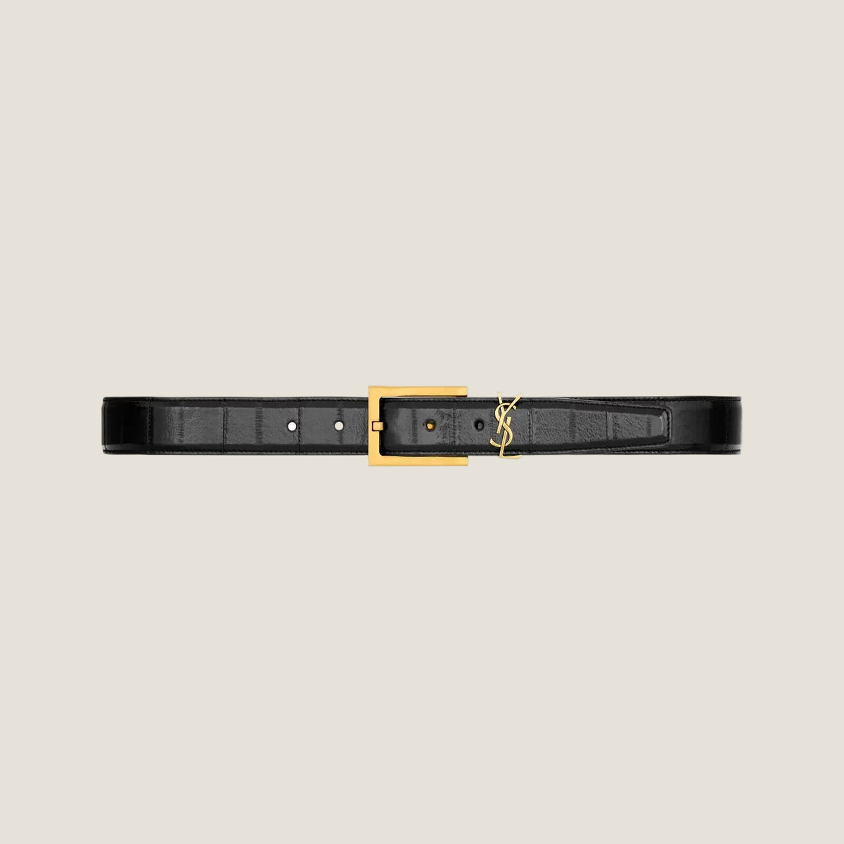חגורת עור שחורה 3 ס״מ בהשראת Saint Laurent, בטקסטורה דמוית קרוקו ועם אבזם זהוב – מבט חזיתי
