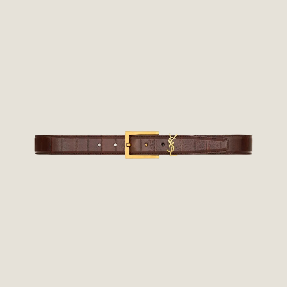 חגורת עור חומה 3 ס״מ בהשראת Saint Laurent, טקסטורה דמוית קרוקו ואבזם זהוב – מבט חזיתי